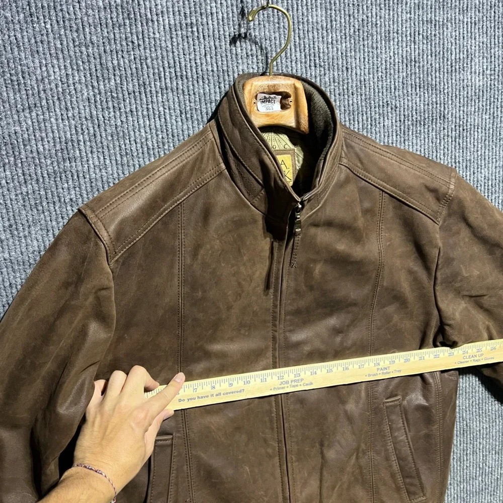 Jos A Bank Leather Bomber Jacket Mens L Brown Flight Map Lining Full Zip Casual